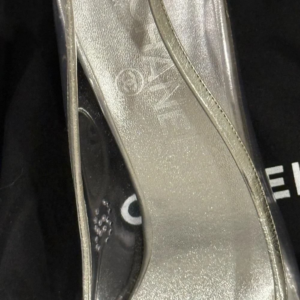 Vintage Chanel Silver Cap Toe Leather and PVC Pumps